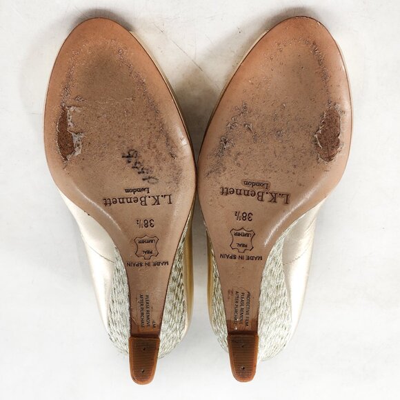 LK BENNETT Estela Peep Toe Gold Leather Wedge Pump Heels - Picture 7 of 7